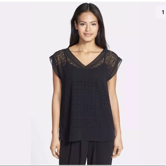 Eileen Fisher Tops - Eileen Fisher Laser Cut Sheer Chiffon Blouse